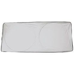 Rectangular foldable 190T Windscreen Shade with silver front and black back, folds for easy storage in pouch