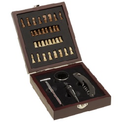 4 Piece Wine and Chess set consisting of 32 miniature chess pieces, drip ring, corkscrew/bottle opener/foil cutter, bottle stopper and wine thermometer wind stylish case with chess board design on lid and metal clasp closure