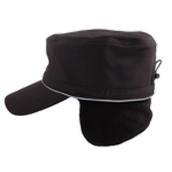 Winter cap with ear warmer, soft shelll outer fabric, polar fleece lined on the inside for warmth, metal eyelets, adjustable toggle, flap folds out to protect ears and neck, reflective piping