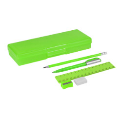 Plastic - Includes 15cm ruler, pen, pencil, sharpener, eraser