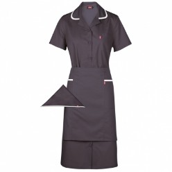 65/35 Poly cotton Suputex, Co-ordinated set dress, apron, headscarf / Contrast binding trim / Graded apron for larger sizes / Functional chest and hip pockets on dress / Additional pocket on apron 