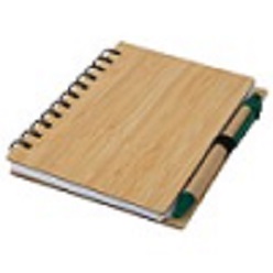 Wood recycled mid-size notebook includes a pen and 70 lined pages with wiro binding