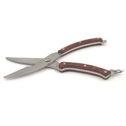 Poultry scissors with polished stainless steel blades and wooden handle