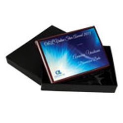 Wooden plaque award in a black presentation box