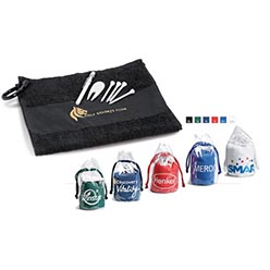 400 g/m2, 100% cotton, brandable flat strip woven into towel, PVC pouch, includes 1 x eversharp golf pencil, plastic pitch fork & 4 x wooden tees, manufactured in South Africa - short delivery times