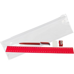 Stationay set includes 30cm ruler, pencil, pen, eraser, sharpener in a PVC bag