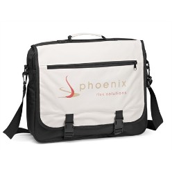 Available in two colours. Plain black and black & beige. Main zippered compartment under flap. Flap closed by two compression straps. Front zippered . Top grab handle. Adjustable , removable shoulder strap