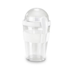 Double-walled plastic cup with 2 compartments. Ideal for keeping yoghurt, nuts, muesli and fruits fresh and crunchy until its time to eat, Plastic, double walled