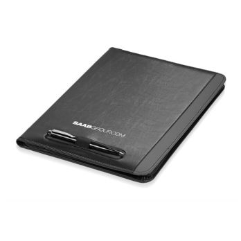 grainy PVC, pocket, business card holder, pen loop, writing pad included, zippered closure