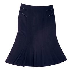 Polyester, Viscose, Spandex ladies skirt. Features include: back zip, flare skirt, satin detail on front.