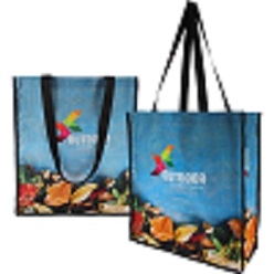Non-woven shopper with reinforcedhandles and PVC back board, full colour edge to edge branding
