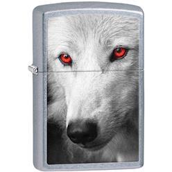 Zippo lighter with a wolf imprint and the eye of the wolf is red