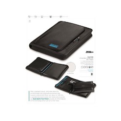 An elegant folder with stunning colour accents. Features Zippered closure, lined writing note-pad with PP cover, pen loop, business card holder, removable, padded tablet sleeve. Fits iPad 1 - 4 or 10 inch tablet, 400D dot dobby poly with scuba  28 ( l ) x