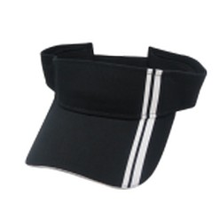 sun visor with two stripes, cotton twill, 4 needle stitch twill sweatband, pre-curved peak, self velcro strap